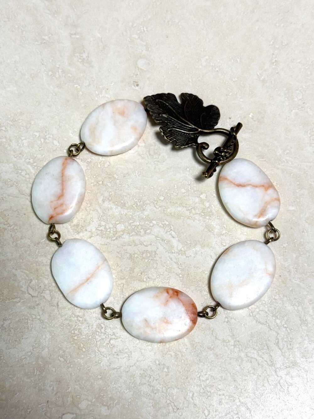 2/$20, Red Vein White Marble Bracelet, Large Gemstone + Bronze Grape Leaf Toggle